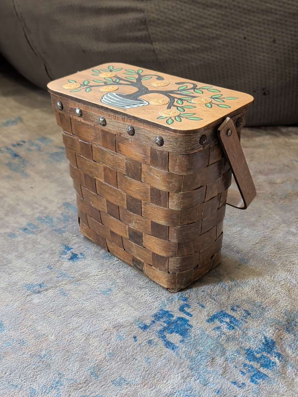 Gary Gail Dallas Rustic Handwoven Basket Painted Tree Lid - Vintage Coin Basket